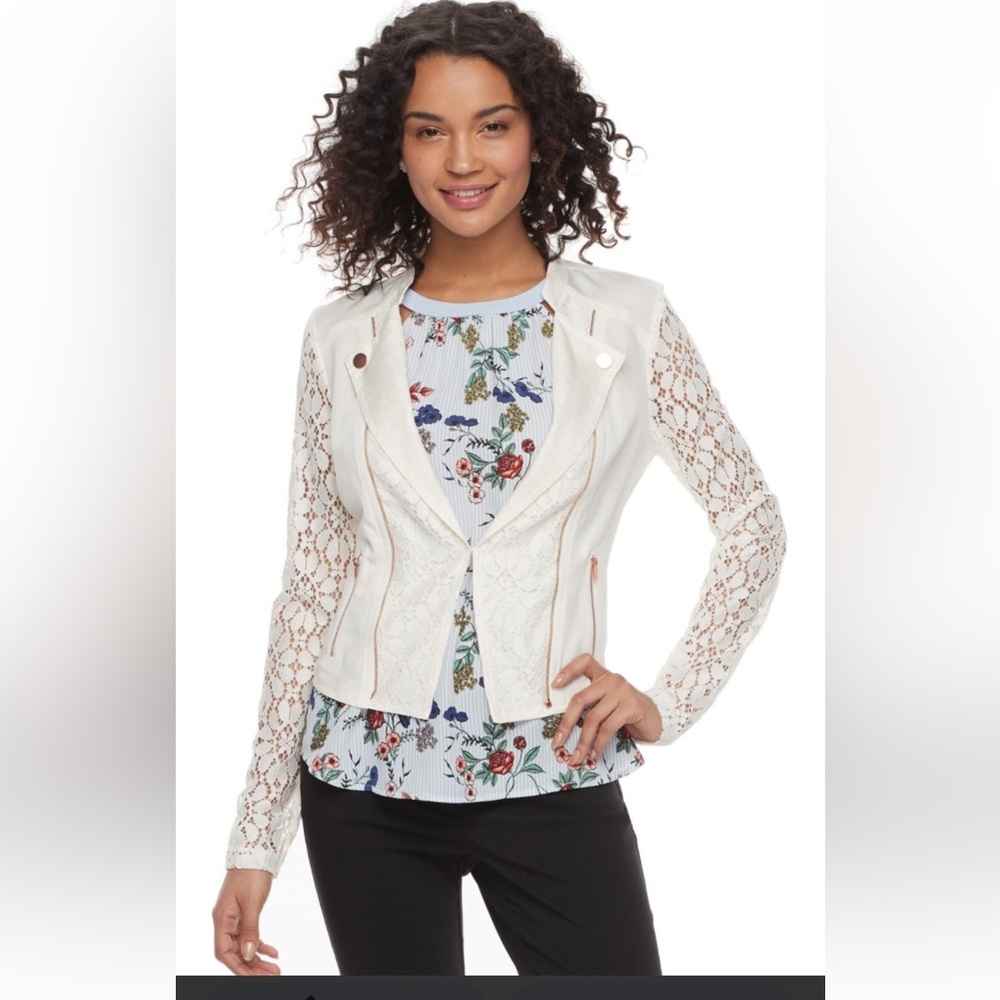 Y2K Candie's White Lace Moto Jacket, Edgy Motorcycle Styling with Romantic Lace